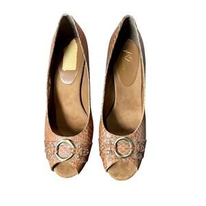 A2 by Aerosoles Peep Toe Snakeskin Heels with Gold Buckle – Size 10.5